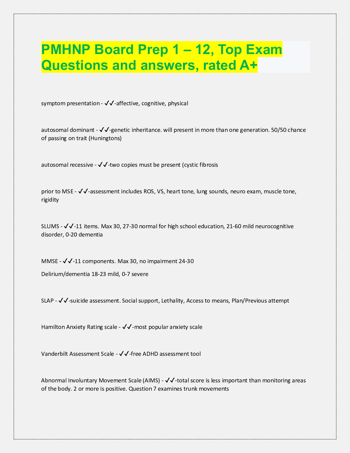 Preview image for PMHNP Board Prep 1 – 12, Top Exam  Questions and answers, rated A+ symptom presentation - ✔✔-affective,